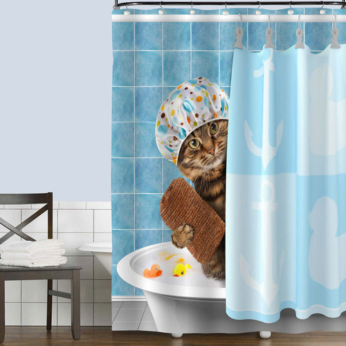 Cat Taking Bathing Shower Curtain - Blue