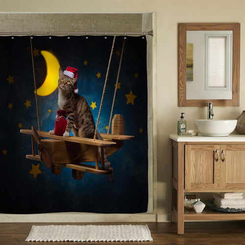 Cat with Yellow Star Moon Shower Curtain - Blue Brown