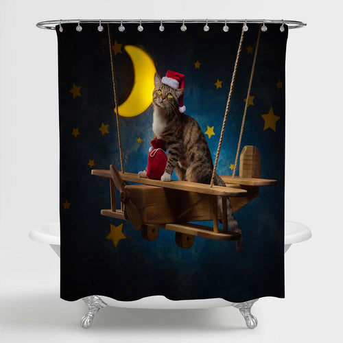 Cat with Yellow Star Moon Shower Curtain - Blue Brown