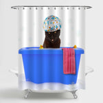 Black Cat Bath Time with Toy Duck Shower Curtain - Blue Black