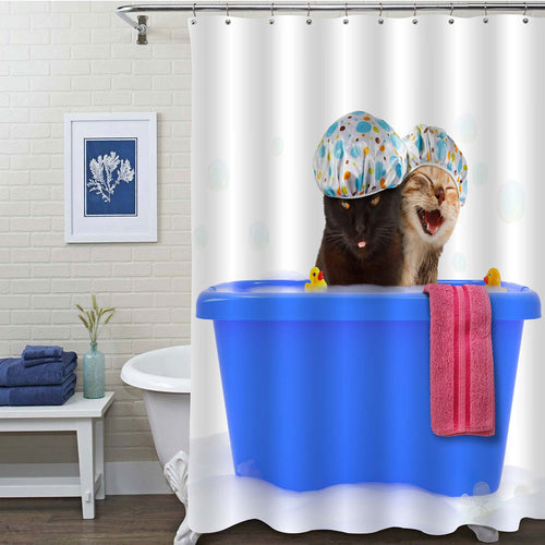 Two Cats in Bathtub Shower Curtain - Blue