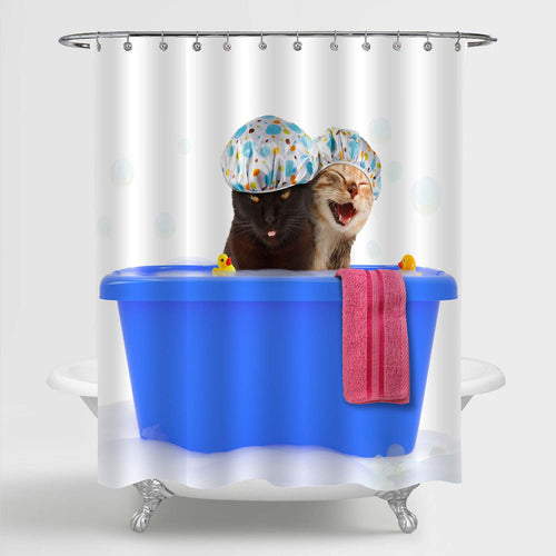 Two Cats in Bathtub Shower Curtain - Blue