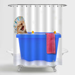 Cat Bath with Yellow Rubber Duck Shower Curtain - Blue