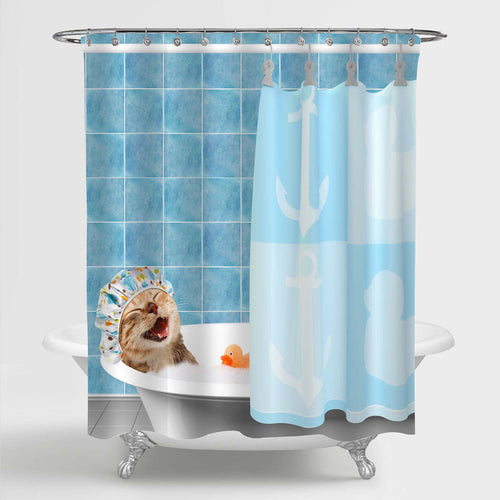 Smiling Cat Taking a Bath Shower Curtain - Blue