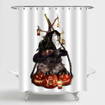 Wizard Cat and Halloween Jack-o-Lantern Shower Curtain - Black Red