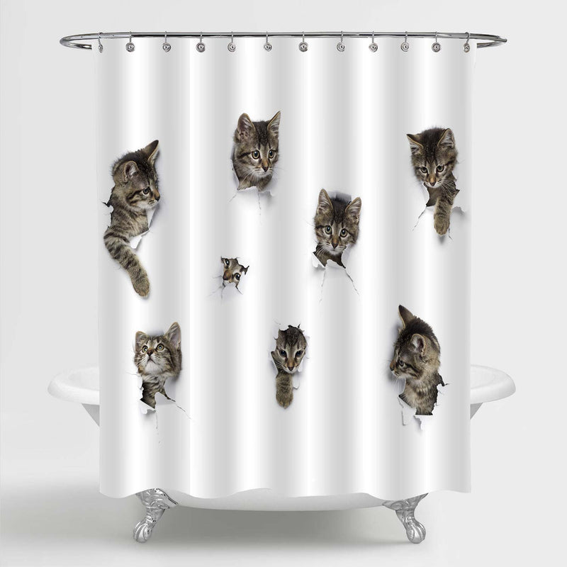 Cats Playing in Hole of White Paper Shower Curtain - Grey