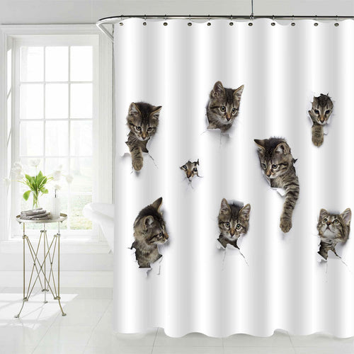 Cats Peeking Out of White Paper Shower Curtain - Grey