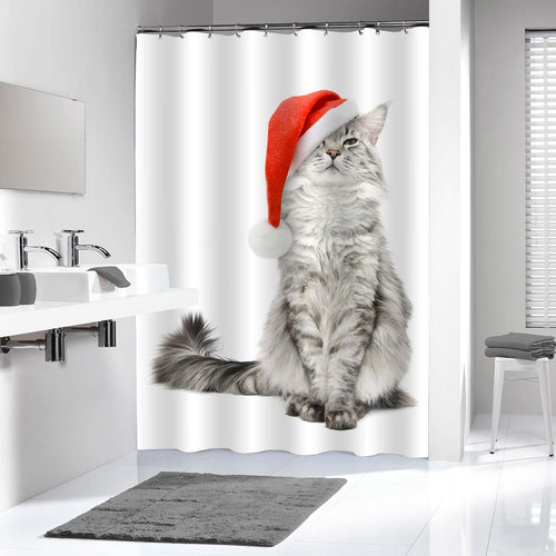 Cat Wearing a Santa Hat Shower Curtain - Grey Red