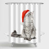 Cat Wearing a Santa Hat Shower Curtain - Grey Red