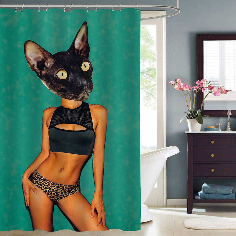 Stylish Lady Cat in Fashion Underwear Shower Curtain - Green Black