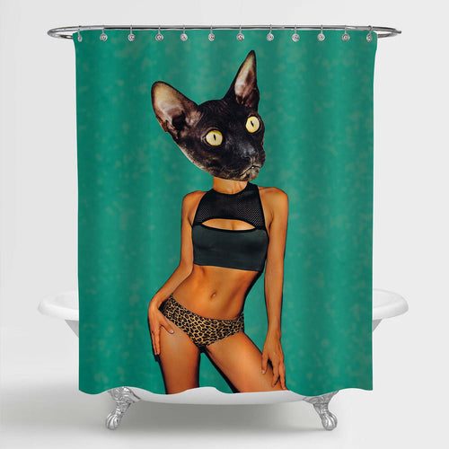 Stylish Lady Cat in Fashion Underwear Shower Curtain - Green Black