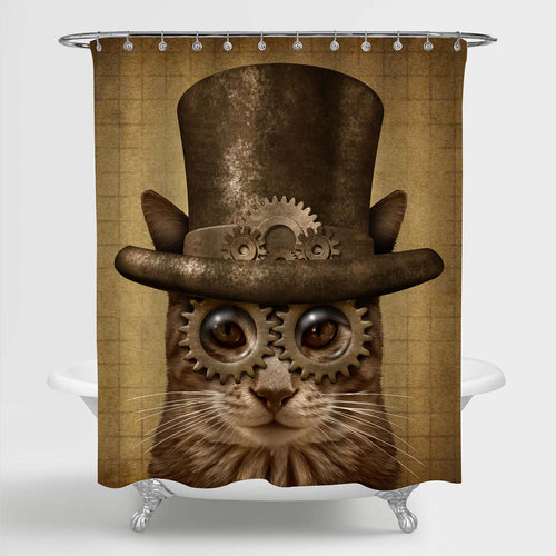 Steampunk Cat Shower Curtain - Brown