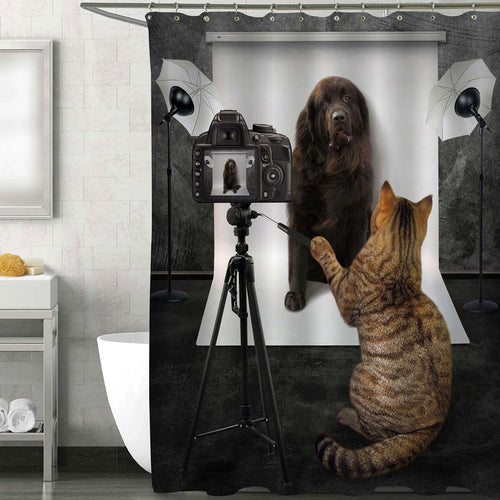 Cat Takes Pictures of a Dog Shower Curtain - Black