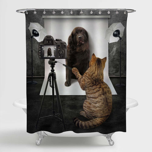 Cat Takes Pictures of a Dog Shower Curtain - Black