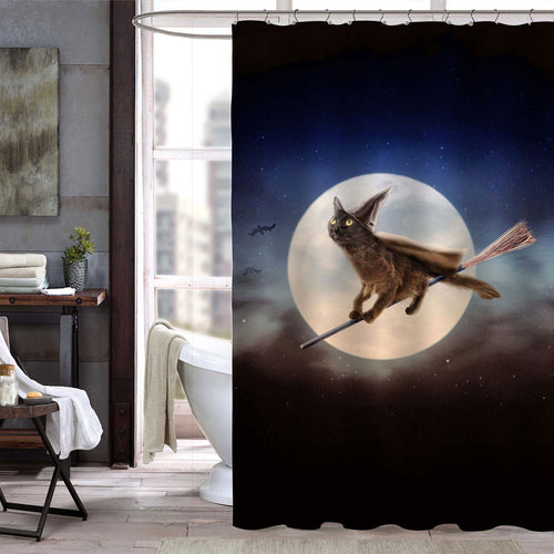 Halloween Witch Black Cat Flying in Night Sky Shower Curtain - Grey Blue