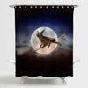 Halloween Witch Black Cat Flying in Night Sky Shower Curtain - Grey Blue