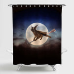 Halloween Witch Black Cat Flying in Night Sky Shower Curtain - Grey Blue