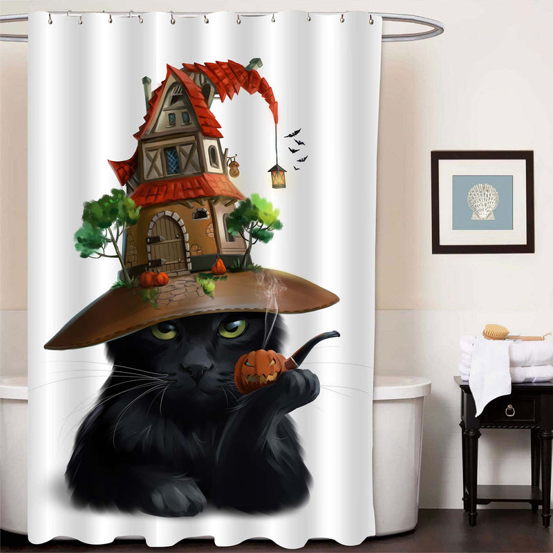 Halloween Black Cat with Hat-House Shower Curtain - Black Red