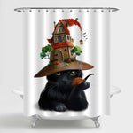 Halloween Black Cat with Hat-House Shower Curtain - Black Red
