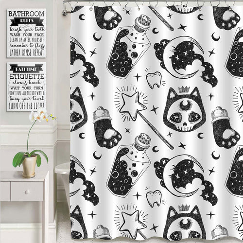 Cat and Stars Moon Halloween Shower Curtain - Black White