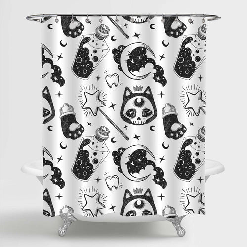 Cat and Stars Moon Halloween Shower Curtain - Black White