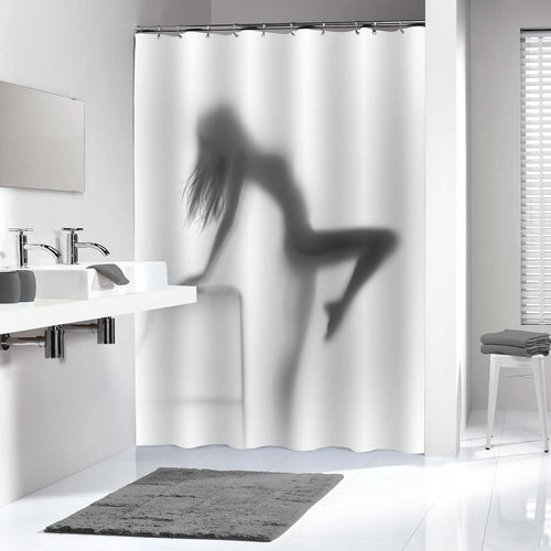 Long Hair Sexy Slim Woman Body Silhouette with a Chair Shower Curtain - Grey