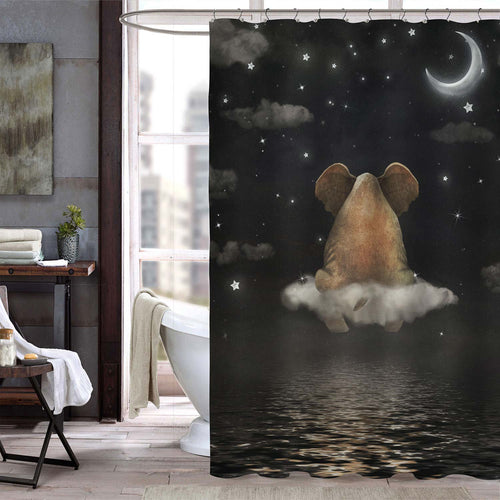 Sad Elephant Sitting on Cloud in Night Sky Shower Curtain - Black