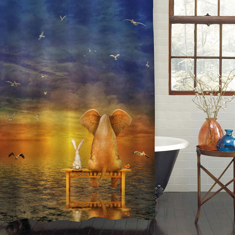 Elephant and Rabbit sit on a Bench and Look at Sunrise from Ocean Shower Curtain - Gold Blue