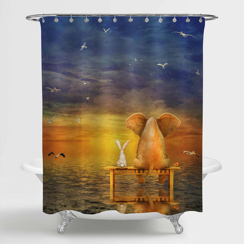 Elephant and Rabbit sit on a Bench and Look at Sunrise from Ocean Shower Curtain - Gold Blue