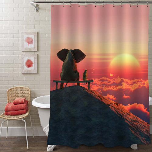 Elephant and Dog Sit on a Mountain Top Look at Sunrise Shower Curtain - Red