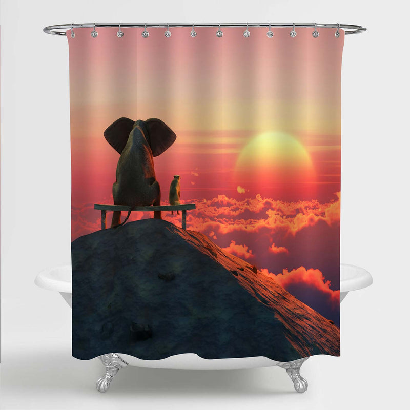 Elephant and Dog Sit on a Mountain Top Look at Sunrise Shower Curtain - Red