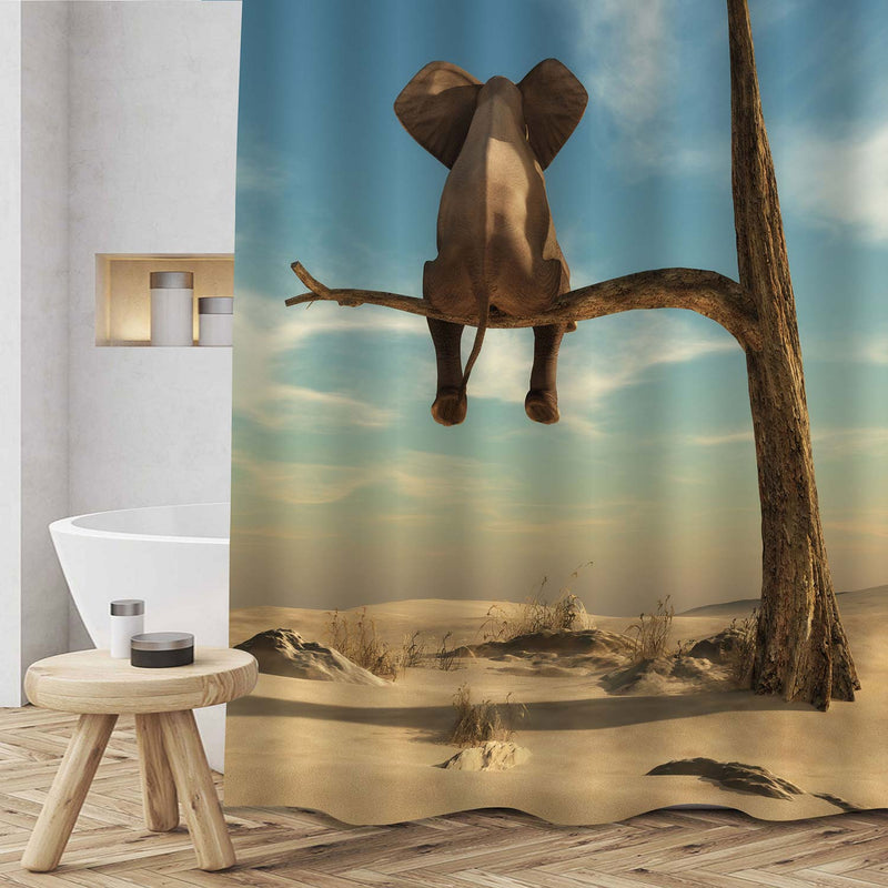 Elephant Stands on Thin Branch of Withered Tree Shower Curtain - Sand