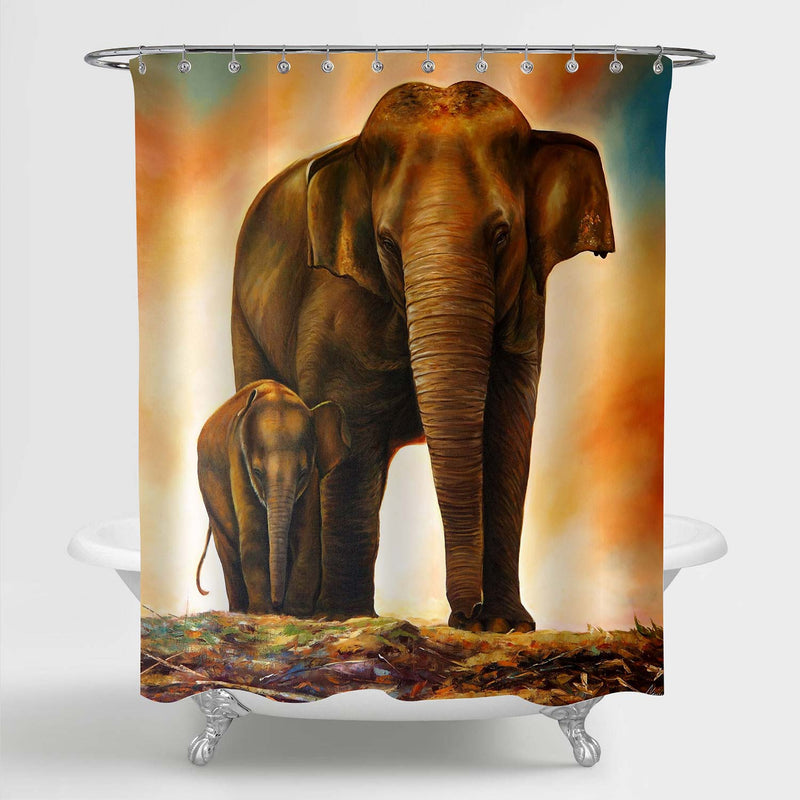 Indian Elephants Family Oil Paintings Shower Curtain - Brown