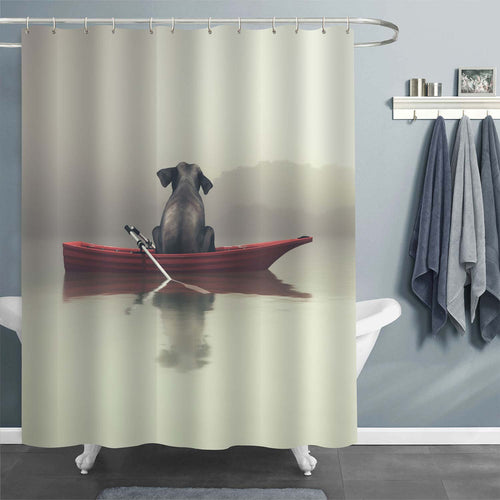 Elephant Sitting in a Boat by a Foggy Lake Shower Curtain - Grey