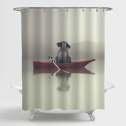 Elephant Sitting in a Boat by a Foggy Lake Shower Curtain - Grey