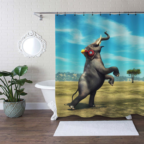 Elephant with Headphones Dancing on the Field Shower Curtain- Blue Yellow