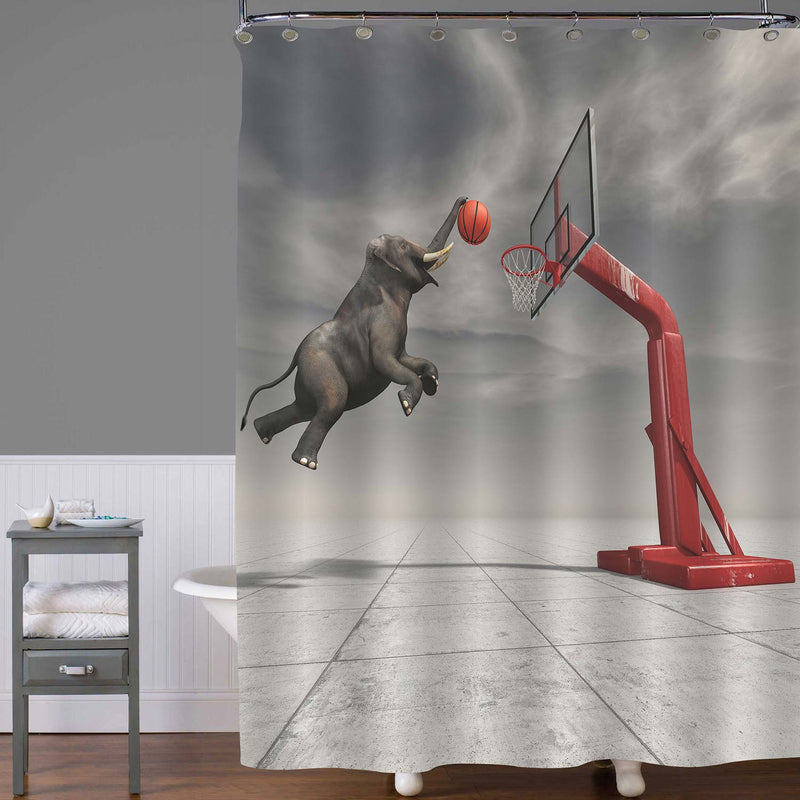 Elephant Throws Basketball at the Basket Shower Curtain - Grey