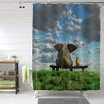 Dog and Elephant Sitting on the Grass Field Shower Curtain - Blue Green