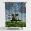Dog and Elephant Sitting on the Grass Field Shower Curtain - Blue Green