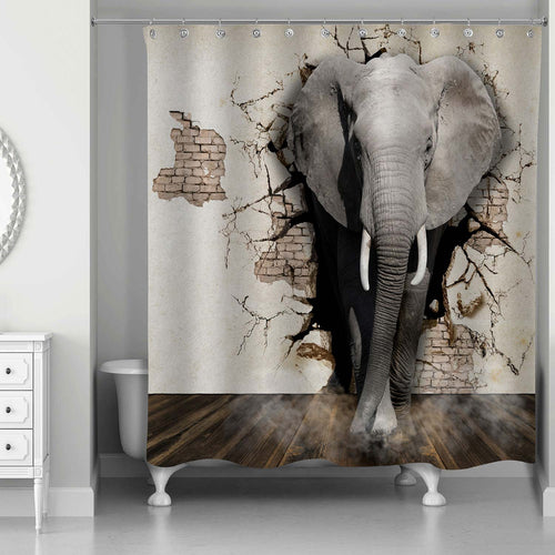 Elephant Coming Out of the Brick Walls 3D Shower Curtain - Grey