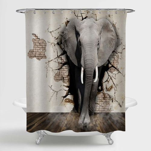 Elephant Coming Out of the Brick Walls 3D Shower Curtain - Grey