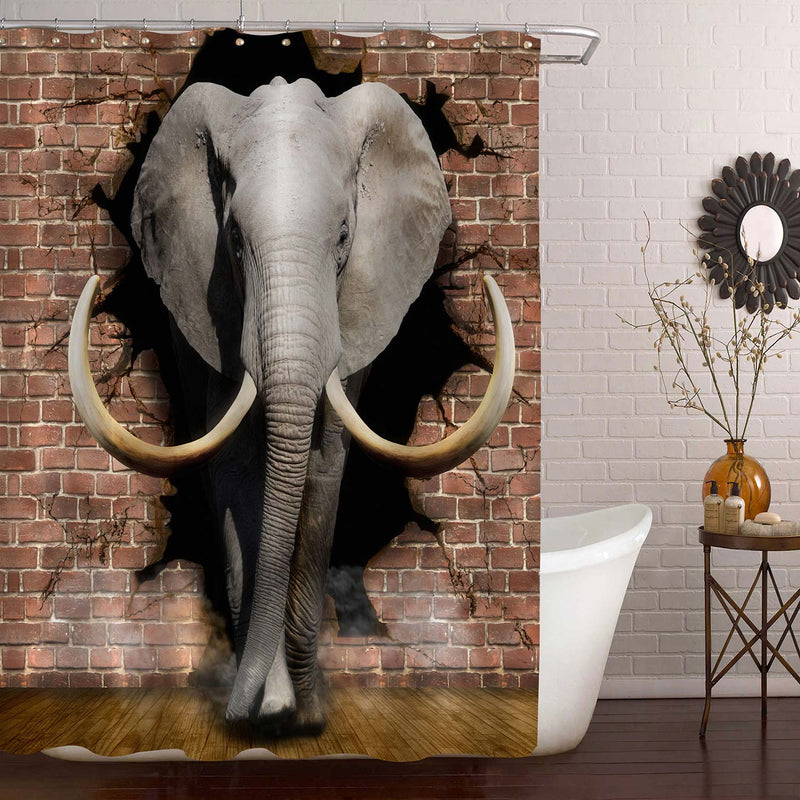 Elephant Coming Out of the Brick Walls 3D Shower Curtain - Grey Red