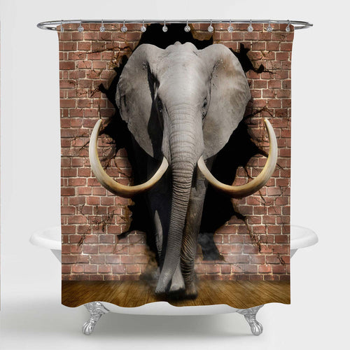 Elephant Coming Out of the Brick Walls 3D Shower Curtain - Grey Red