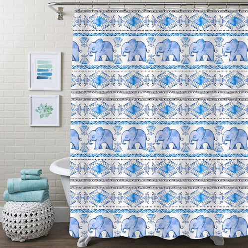 Vintage Indian Elephant with Geometrical Triangle Background Shower Curtain - Blue