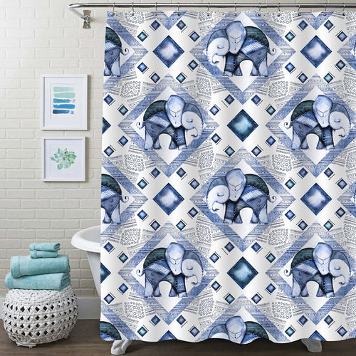 Watercolor Indian Elephant with Tile Shower Curtain - Blue