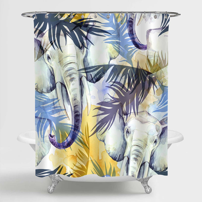 Watercolor Exotic Elephants with Colorful Tropical Leaves Shower Curtain - Brown