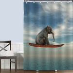 Elephant Flying on a Magical Carpet Over the Ocean Shower Curtain - Blue