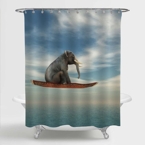 Elephant Flying on a Magical Carpet Over the Ocean Shower Curtain - Blue