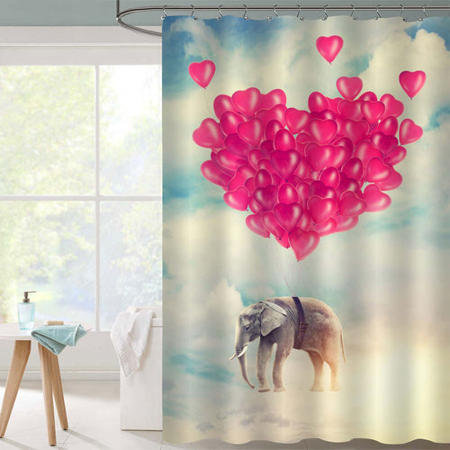 Giant Elephant Flying with Pink Balloons in the Sky Shower Curtain - Pink