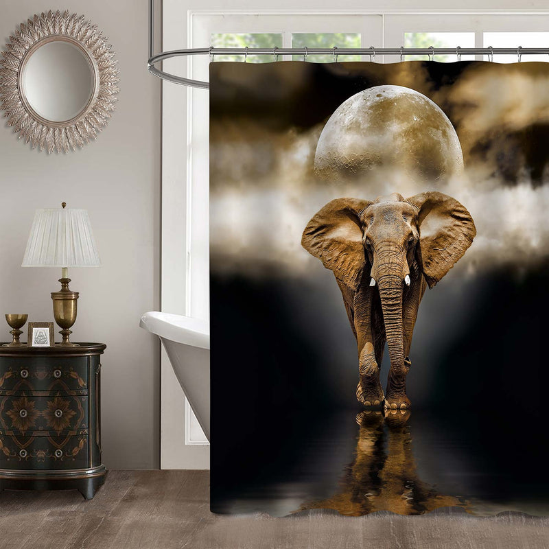 Enormous Elephant Walking at the Night on Full Moon Shower Curtain - Brown